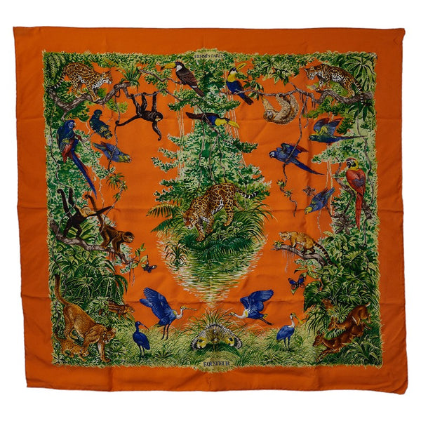 エルメス カレ90 EQUATEUR ウォッシュ ツイル スカーフ オレンジ マルチカラー シルク レディース HERMES 【中古】
