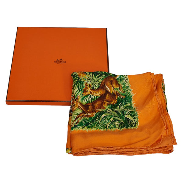 エルメス カレ90 EQUATEUR ウォッシュ ツイル スカーフ オレンジ マルチカラー シルク レディース HERMES 【中古】
