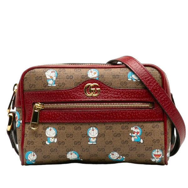 グッチ マイクロ GGスプリーム ドラえもん 斜め掛け ミニ ショルダーバッグ 647784 ブラウン ボルドー PVC レザー レディース GUCCI 【中古】