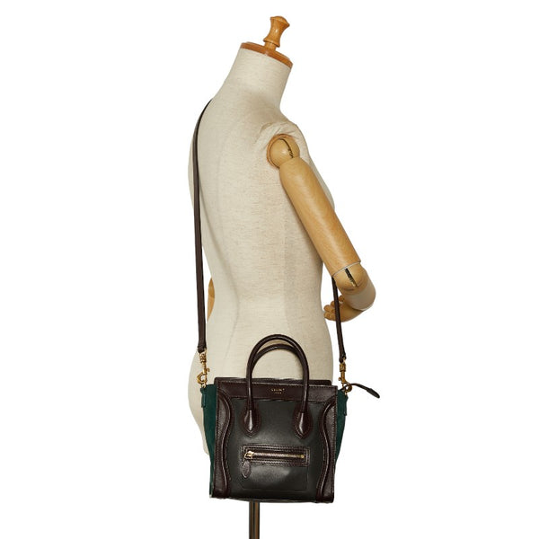 セリーヌ ラゲージ ナノショッパー ハンドバッグ ショルダーバッグ 2WAY カーキ ブラウン レザー スウェード レディース CELINE 【中古】