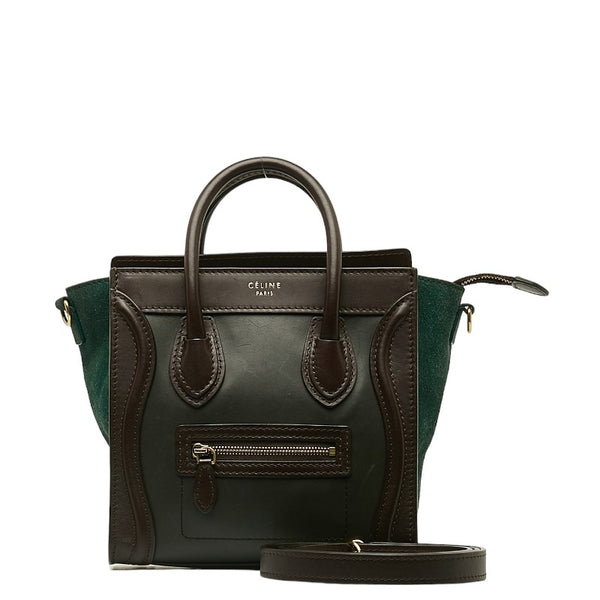 セリーヌ ラゲージ ナノショッパー ハンドバッグ ショルダーバッグ 2WAY カーキ ブラウン レザー スウェード レディース CELINE 【中古】