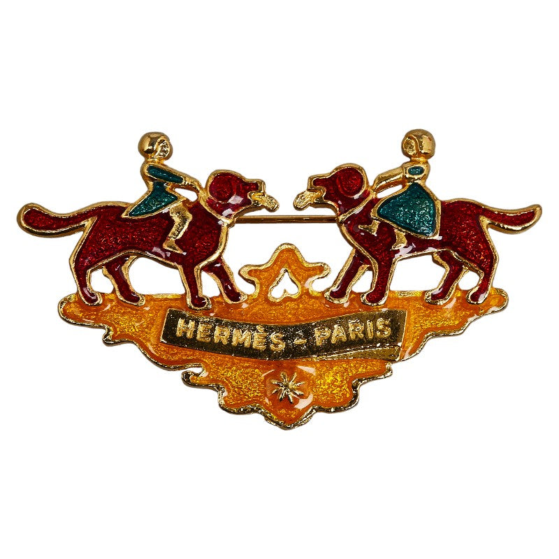 エルメス 七宝焼 少年 少女 犬 モチーフ ブローチ ゴールド レッド マルチカラー メッキ レディース HERMES 【中古】