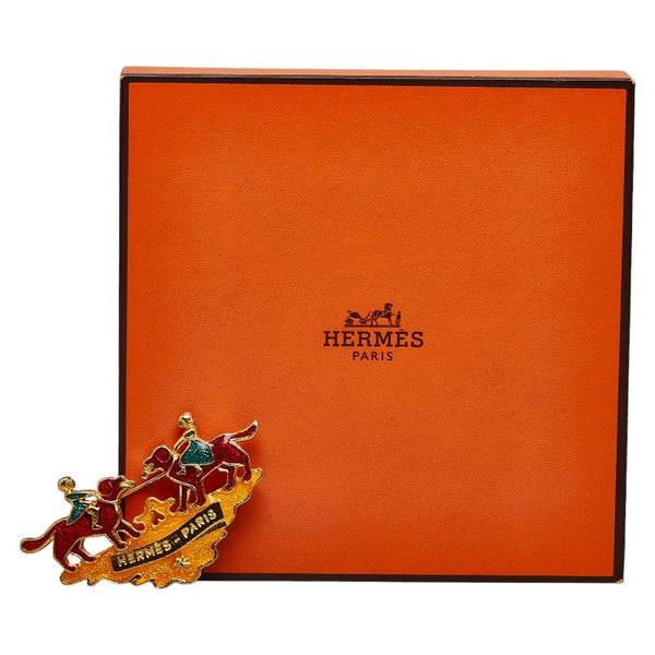 エルメス 七宝焼 少年 少女 犬 モチーフ ブローチ ゴールド レッド マルチカラー メッキ レディース HERMES 【中古】
