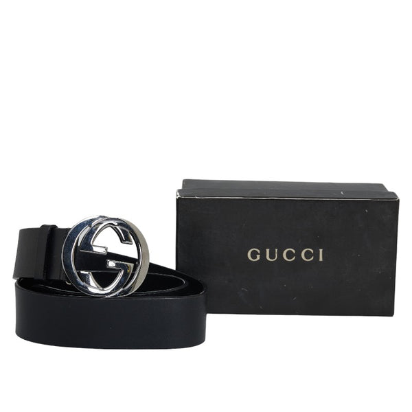 グッチ インターロッキングG ベルト 037 2194 シルバー ブラック レザー レディース GUCCI 【中古】