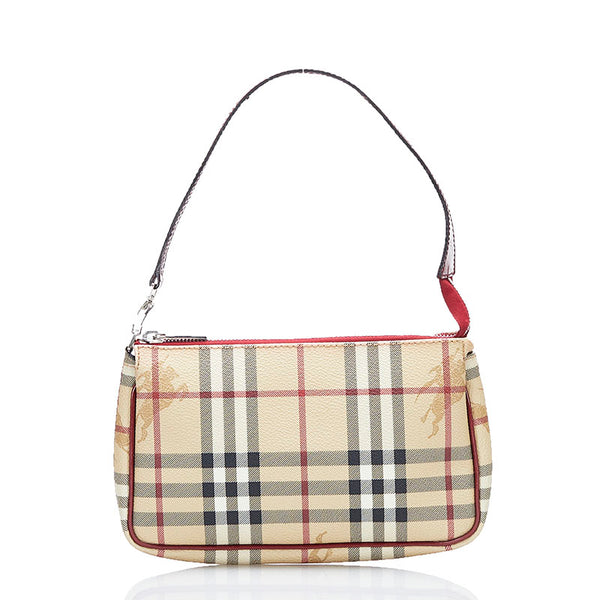 バーバリー ノバチェック シャドーホース ポーチ ベージュ レッド PVC レザー レディース BURBERRY 【中古】