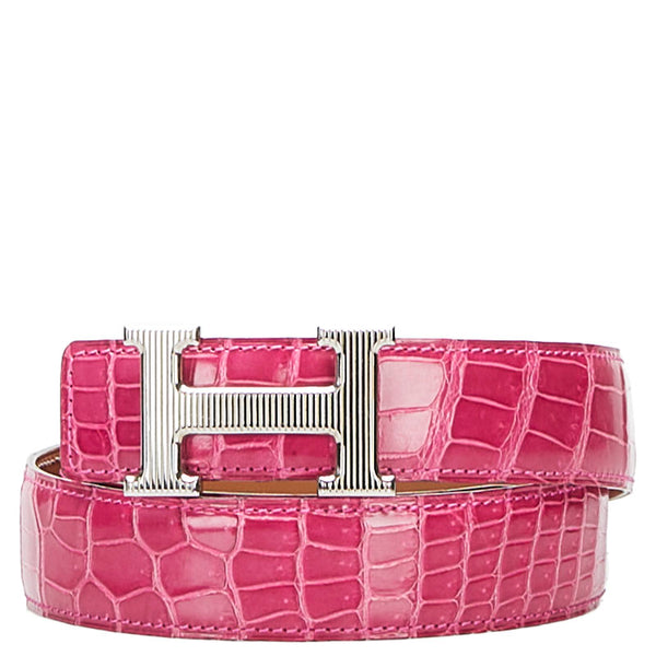 エルメス H ロゴ コンスタンス クロコポロサス 80 ベルト シルバー ピンク レザー レディース HERMES 【中古】