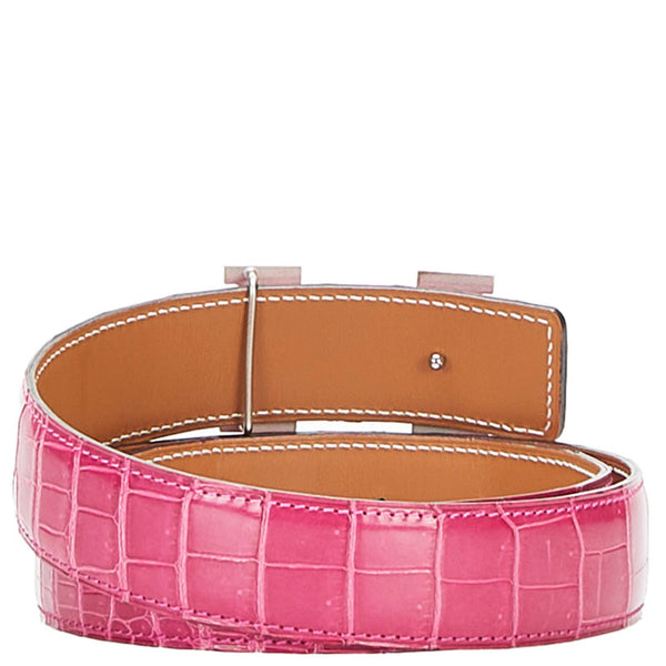 エルメス H ロゴ コンスタンス クロコポロサス 80 ベルト シルバー ピンク レザー レディース HERMES 【中古】