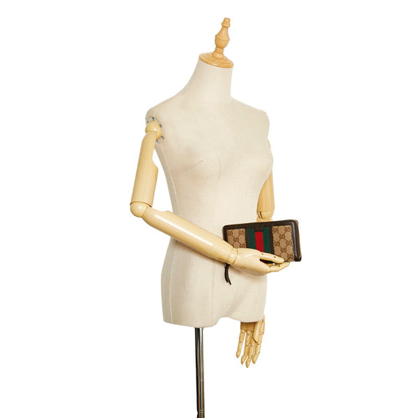 グッチ GGキャンバス シェリーライン ラウンドファスナー 長財布  406754 ベージュ ブラウン キャンバス レザー レディース GUCCI 【中古】