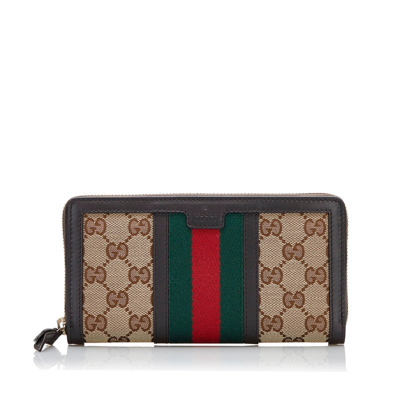 グッチ GGキャンバス シェリーライン ラウンドファスナー 長財布  406754 ベージュ ブラウン キャンバス レザー レディース GUCCI 【中古】