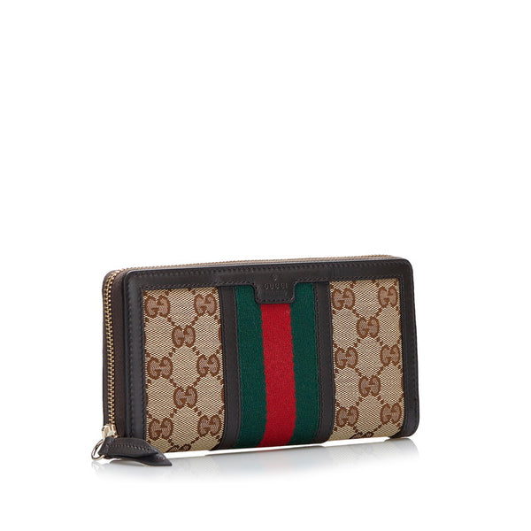 グッチ GGキャンバス シェリーライン ラウンドファスナー 長財布  406754 ベージュ ブラウン キャンバス レザー レディース GUCCI 【中古】