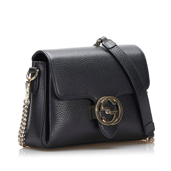 グッチ インターロッキングG チェーン ショルダーバッグ 607720 ブラック レザー レディース GUCCI 【中古】