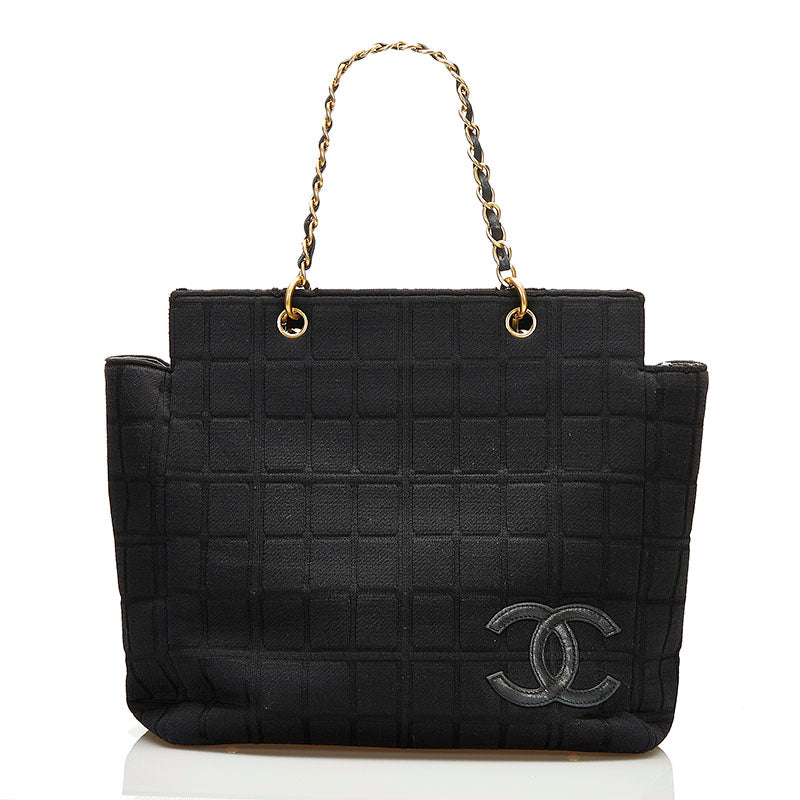 シャネル チョコバー チェーン ハンドバッグ ショルダーバッグ ブラック コットン レザー レディース CHANEL 【中古】