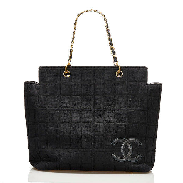 シャネル チョコバー チェーン ハンドバッグ ショルダーバッグ ブラック コットン レザー レディース CHANEL 【中古】