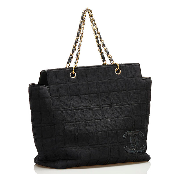 シャネル チョコバー チェーン ハンドバッグ ショルダーバッグ ブラック コットン レザー レディース CHANEL 【中古】