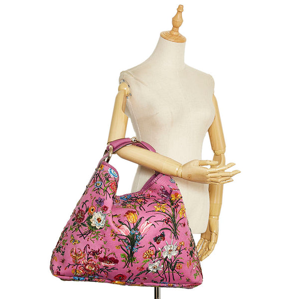 グッチ ホースビット フローラ ビーズ ハンドバッグ トートバッグ 117376 ピンク キャンバス レザー レディース GUCCI 【中古】