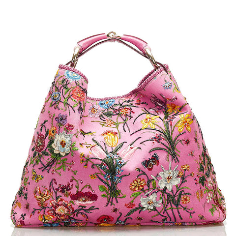 グッチ ホースビット フローラ ビーズ ハンドバッグ トートバッグ 117376 ピンク キャンバス レザー レディース GUCCI 【中古】