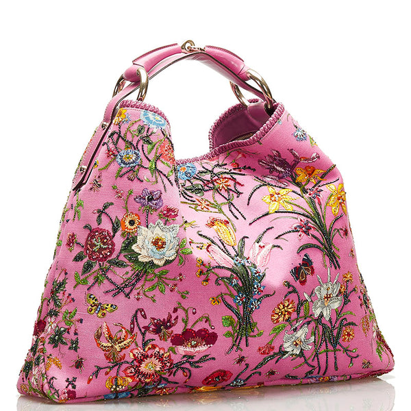 グッチ ホースビット フローラ ビーズ ハンドバッグ トートバッグ 117376 ピンク キャンバス レザー レディース GUCCI 【中古】