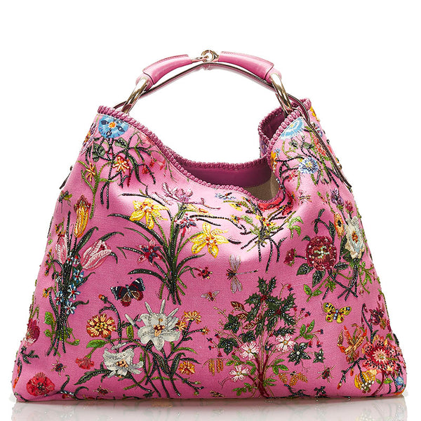 グッチ ホースビット フローラ ビーズ ハンドバッグ トートバッグ 117376 ピンク キャンバス レザー レディース GUCCI 【中古】