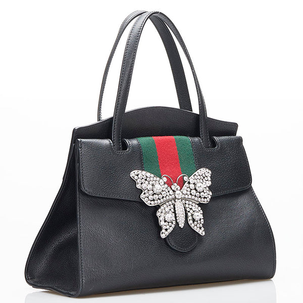 グッチ トーテム バタフライ ビジュー ラインストーン ハンドバッグ ショルダーバッグ 2WAY 505342 ブラック レザー レディース GUCCI 【中古】