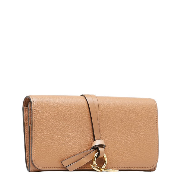 クロエ アルファベット フラップ ウォレット ロゴチャーム ゴールド金具 長財布 ブラウン レザー レディース Chloe 【中古】