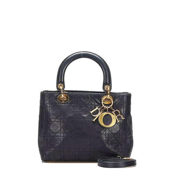 ディオール レディディオール カナージュ ハンドバッグ ブラック レザー レディース Dior 【中古】