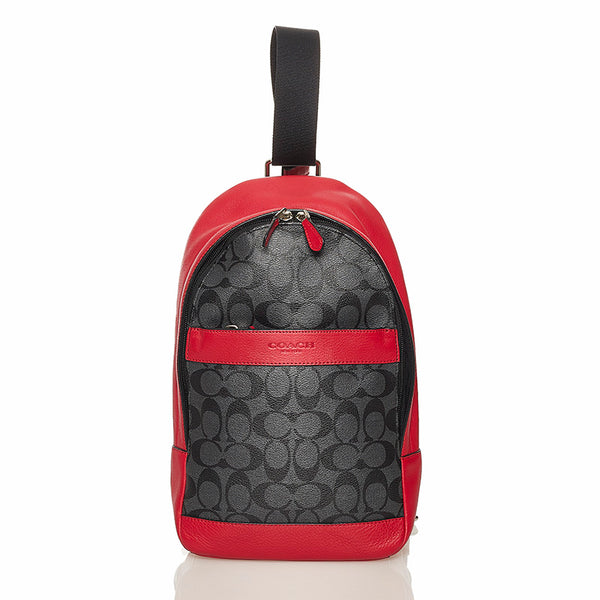 コーチ シグネチャー レッド グレー PVC レザー ワンショルダーバッグ メンズ COACH 【中古】
