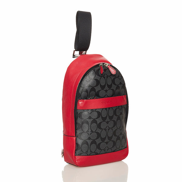 コーチ シグネチャー レッド グレー PVC レザー ワンショルダーバッグ メンズ COACH 【中古】