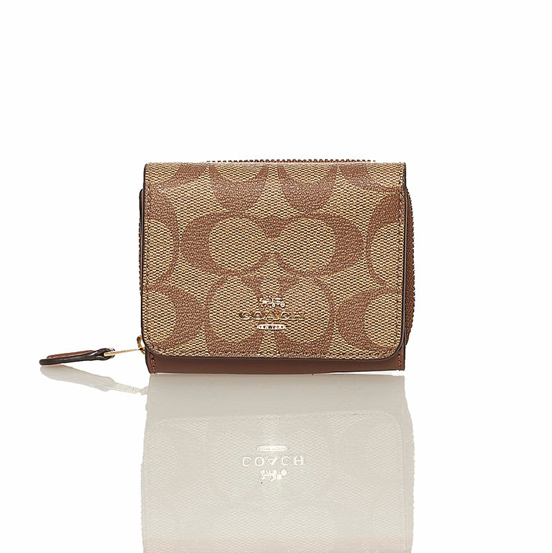 コーチ シグネチャー 三つ折り財布 ブラウン ベージュ PVC レザー レディース COACH 【中古】