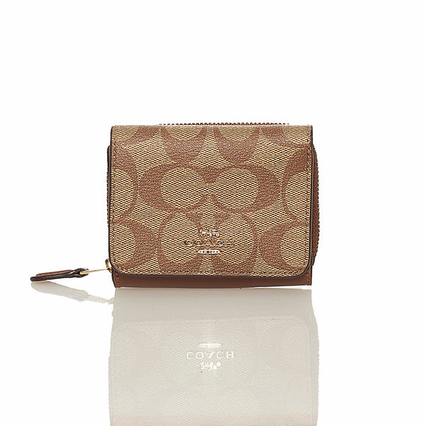 コーチ シグネチャー 三つ折り財布 ブラウン ベージュ PVC レザー レディース COACH 【中古】