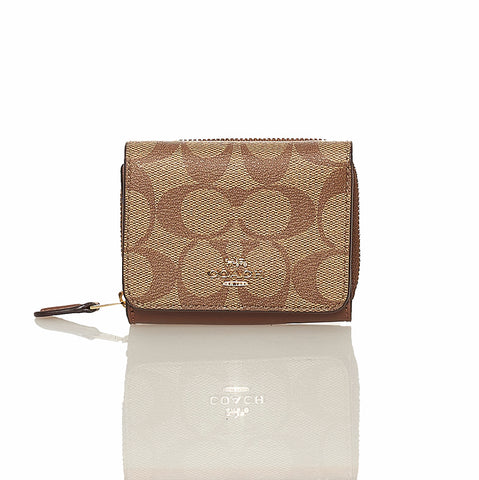 コーチ シグネチャー 三つ折り財布 ブラウン ベージュ PVC レザー レディース COACH 【中古】