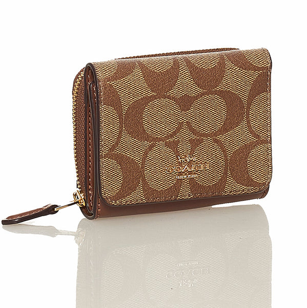 コーチ シグネチャー 三つ折り財布 ブラウン ベージュ PVC レザー レディース COACH 【中古】