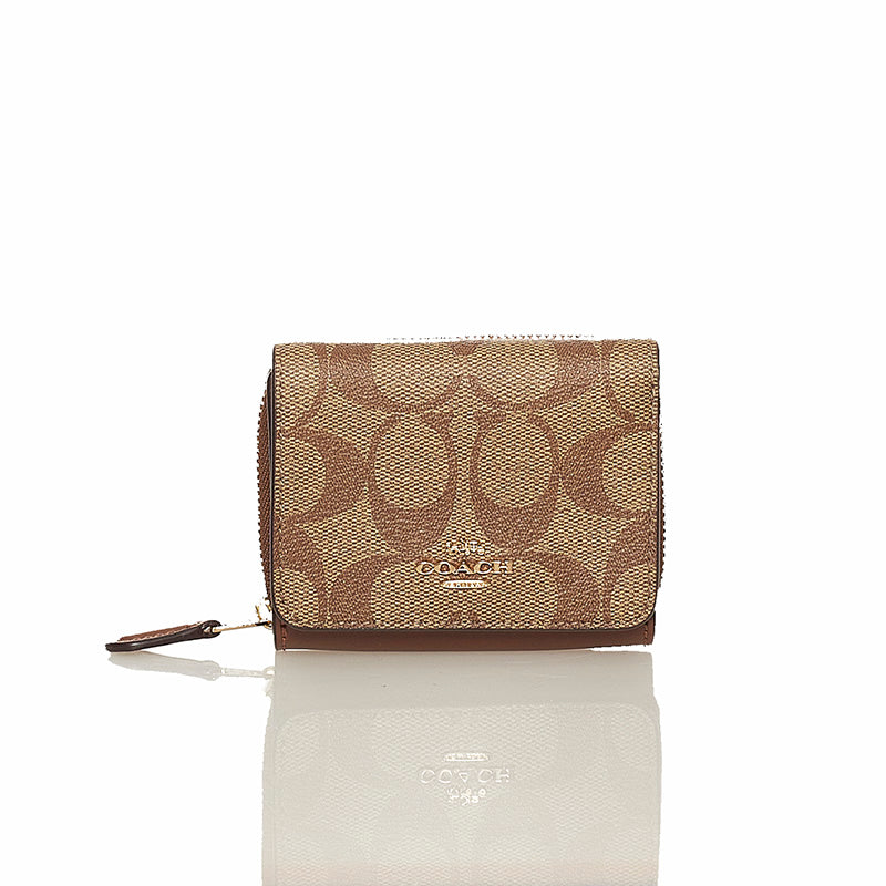 コーチ シグネチャー 二つ折り財布 ブラウン ベージュ PVC レザー レディース COACH 【中古】