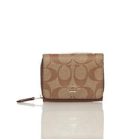 コーチ シグネチャー 二つ折り財布 ブラウン ベージュ PVC レザー レディース COACH 【中古】