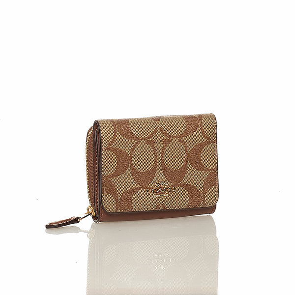 コーチ シグネチャー 二つ折り財布 ブラウン ベージュ PVC レザー レディース COACH 【中古】