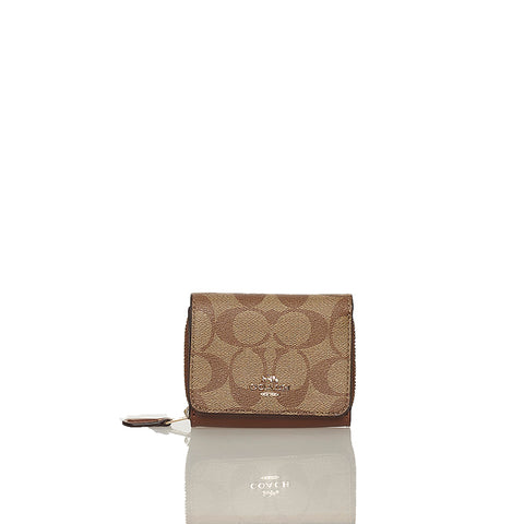 コーチ シグネチャー 三つ折り財布 ブラウン ベージュ PVC レザー レディース COACH 【中古】