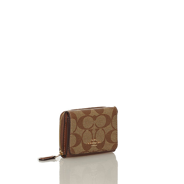 コーチ シグネチャー 三つ折り財布 ブラウン ベージュ PVC レザー レディース COACH 【中古】