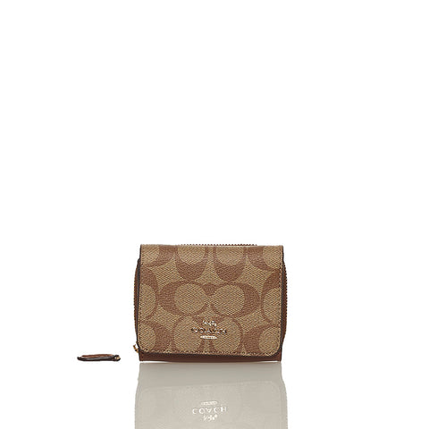 コーチ シグネチャー 三つ折り財布 ブラウン ベージュ PVC レザー レディース COACH 【中古】