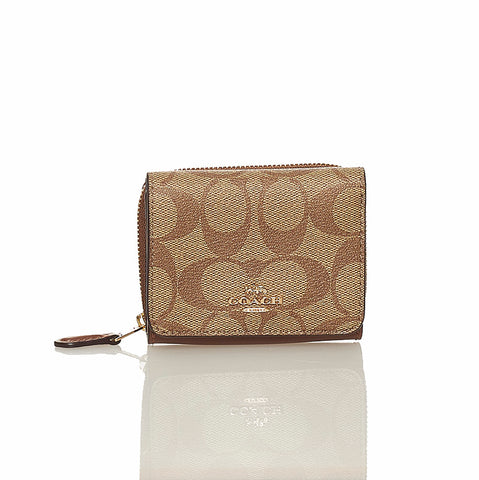 コーチ シグネチャー 三つ折り財布 ブラウン ベージュ PVC レザー レディース COACH 【中古】