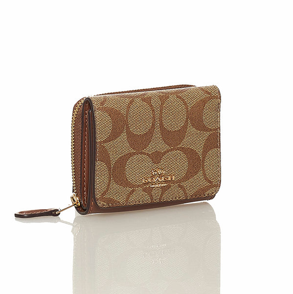 コーチ シグネチャー 三つ折り財布 ブラウン ベージュ PVC レザー レディース COACH 【中古】
