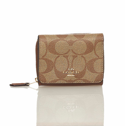 コーチ シグネチャー 三つ折り財布 ブラウン ベージュ PVC レザー レディース COACH 【中古】