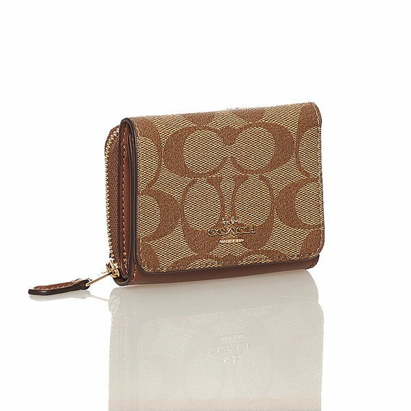 コーチ シグネチャー 三つ折り財布 ブラウン ベージュ PVC レザー レディース COACH 【中古】
