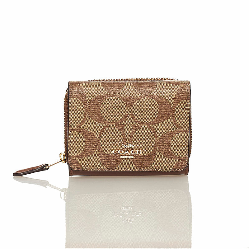 コーチ シグネチャー 三つ折り財布 ブラウン ベージュ PVC レザー レディース COACH 【中古】