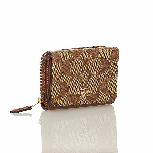 コーチ シグネチャー 三つ折り財布 ブラウン ベージュ PVC レザー レディース COACH 【中古】