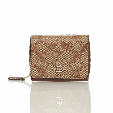 コーチ シグネチャー 三つ折り財布 ブラウン ベージュ PVC レザー レディース COACH 【中古】