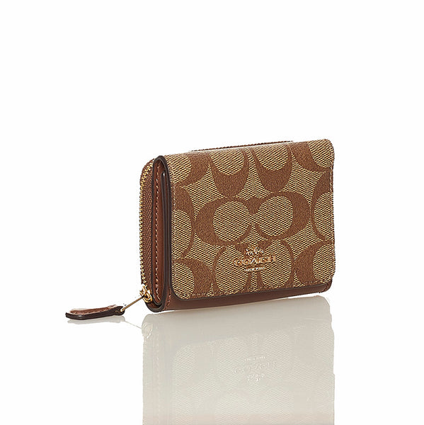 コーチ シグネチャー 三つ折り財布 ブラウン ベージュ PVC レザー レディース COACH 【中古】
