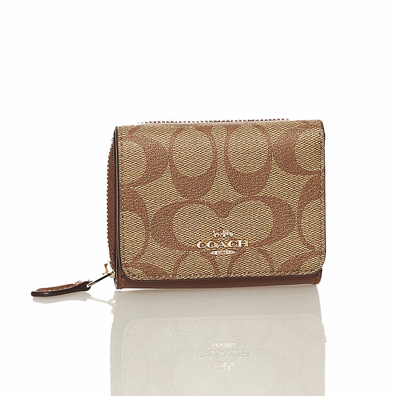 コーチ シグネチャー 三つ折り財布 ブラウン ベージュ PVC レザー レディース COACH 【中古】