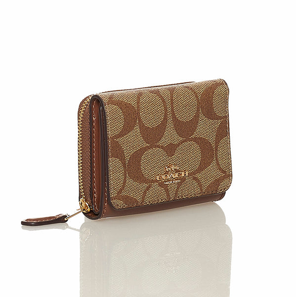 コーチ シグネチャー 三つ折り財布 ブラウン ベージュ PVC レザー レディース COACH 【中古】