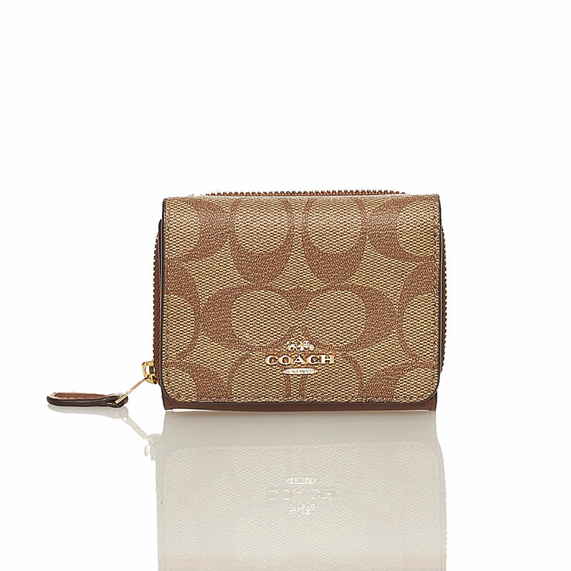 コーチ シグネチャー 三つ折り財布 ブラウン ベージュ PVC レザー レディース COACH 【中古】