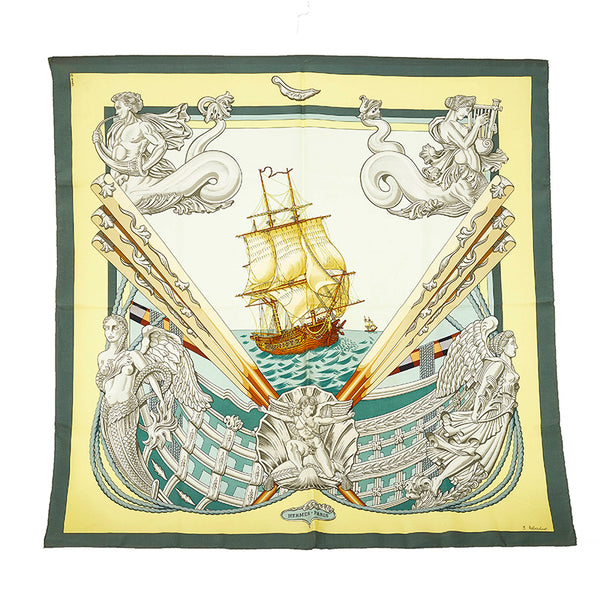 エルメス カレ９０ イエロー グリーン シルク スカーフ レディース HERMES 【中古】