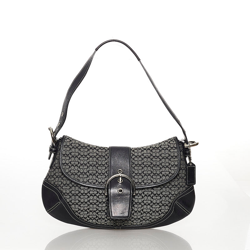 コーチ シグネチャー グレー ブラック キャンバス レザー ショルダーバッグ レディース COACH 【中古】